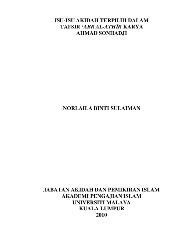 Isu-isu akidah terpilih dalam Tafsir 'Abr al-Athir karya Ahmad Sonhadji / Norlaila binti Sulaiman
