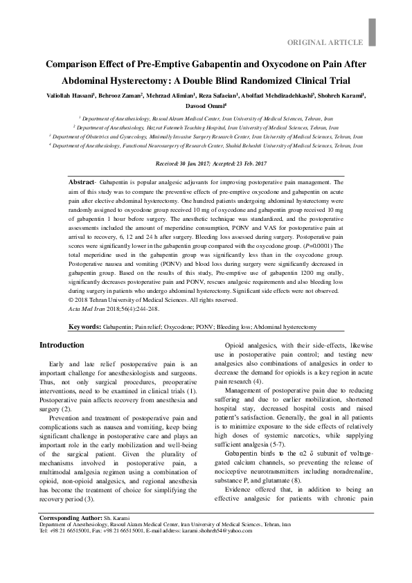 (PDF) Comparison Effect of Pre-Emptive Gabapentin and Oxycodone on Pain ...