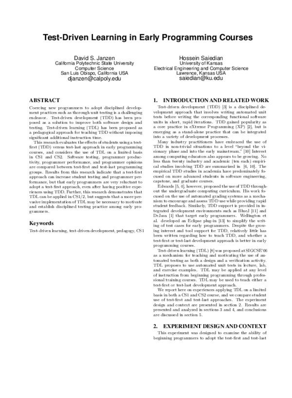 (PDF) Test-driven learning in early programming courses