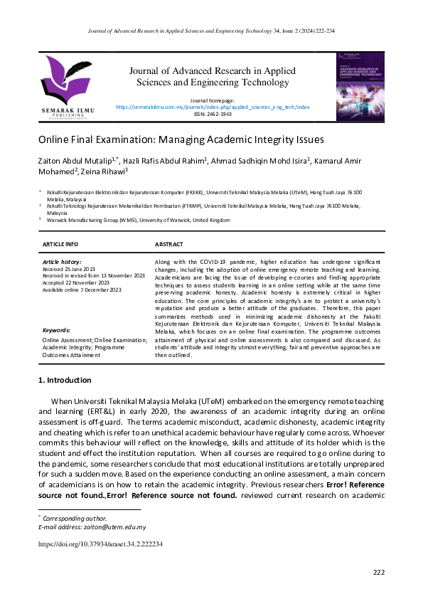 (PDF) Online Final Examination: Managing Academic Integrity Issues