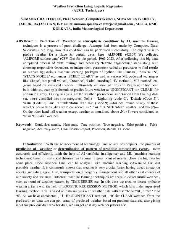 (PDF) Weather Prediction Using Logistic Regression (AI/ML Techniques ...