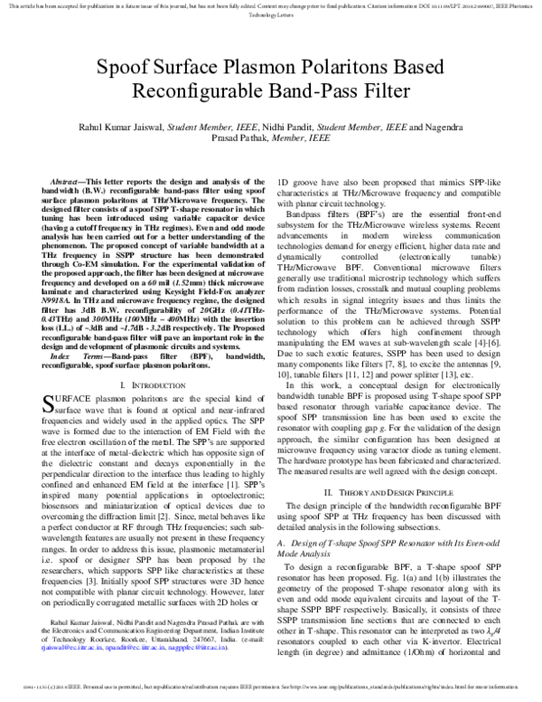 (PDF) Spoof Surface Plasmon Polaritons Based Reconfigurable Band-Pass ...