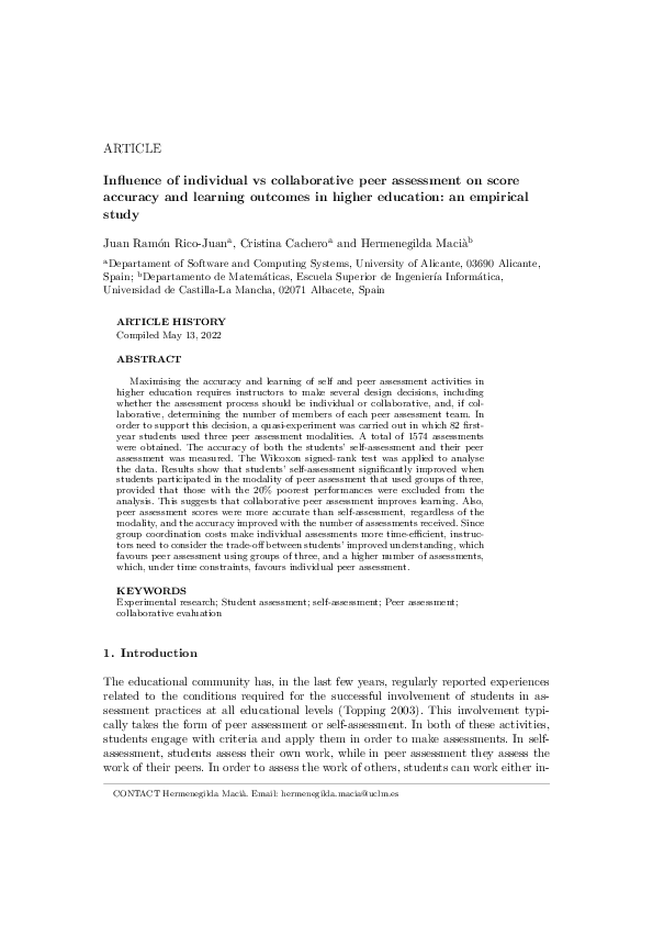 (PDF) Influence of individual versus collaborative peer assessment on ...