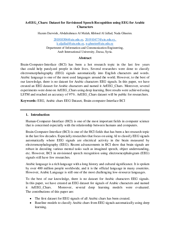 (PDF) ArEEG_Chars: Dataset for Envisioned Speech Recognition using EEG ...