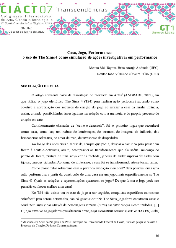 (PDF) Casa, Jogo, Performance: o uso do The Sims 4 como simulacro de ...