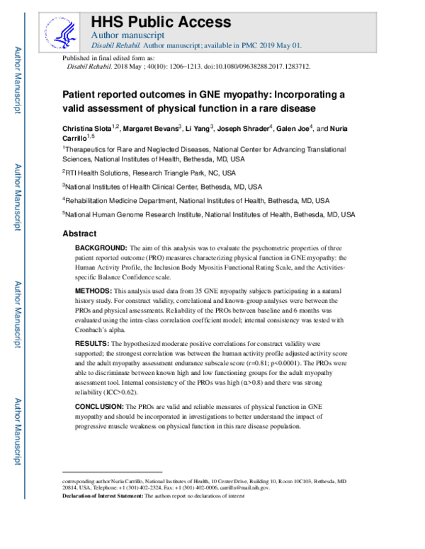 (PDF) Patient reported outcomes in GNE myopathy: incorporating a valid ...