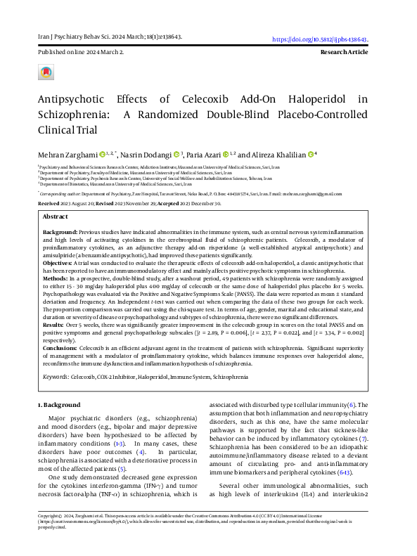(PDF) Antipsychotic Effects of Celecoxib Add-On Haloperidol in ...