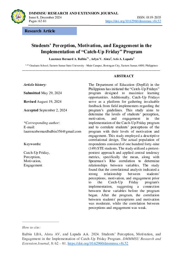 (PDF) Students' Perception, Motivation, and Engagement in the ...
