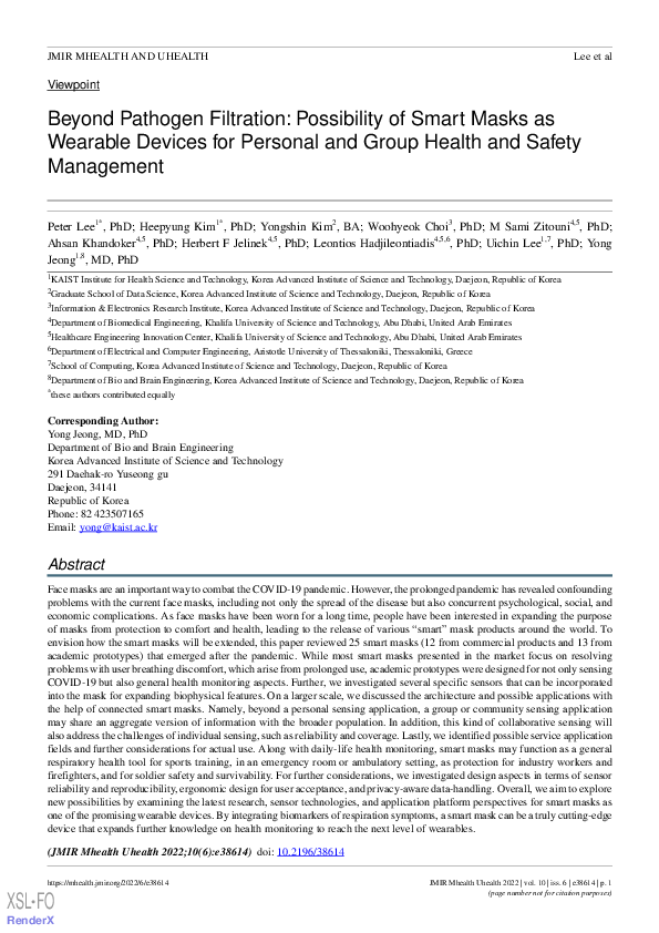 (PDF) Beyond Pathogen Filtration: Possibility of Smart Masks as ...