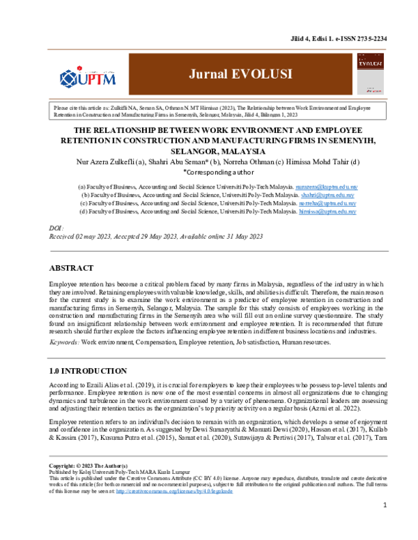 (PDF) The Relationship between Work Environment and Employee Retention ...