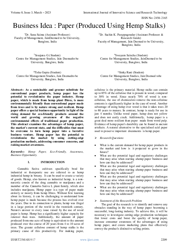 (PDF) Business Idea : Paper (Produced Using Hemp Stalks)