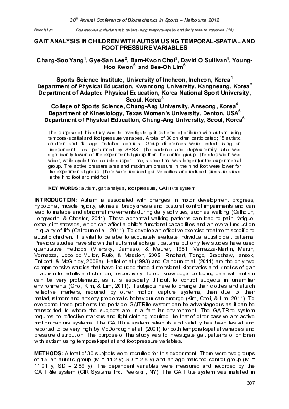(PDF) Gait Analysis in Children with Autism Using Temporal-Spatial and ...