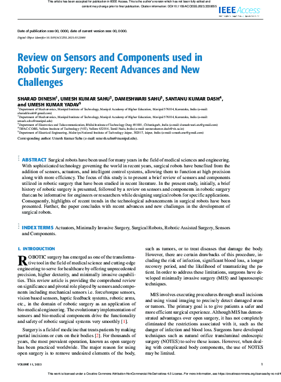 (PDF) Review on Sensors and Components Used in Robotic Surgery: Recent ...