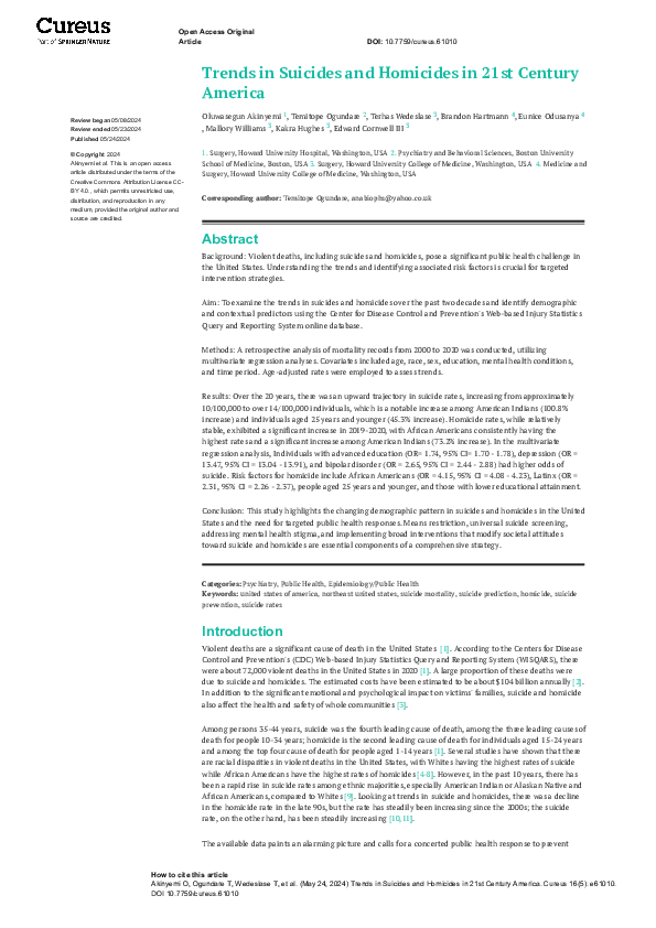 (PDF) Trends in Suicides and Homicides in 21st Century America