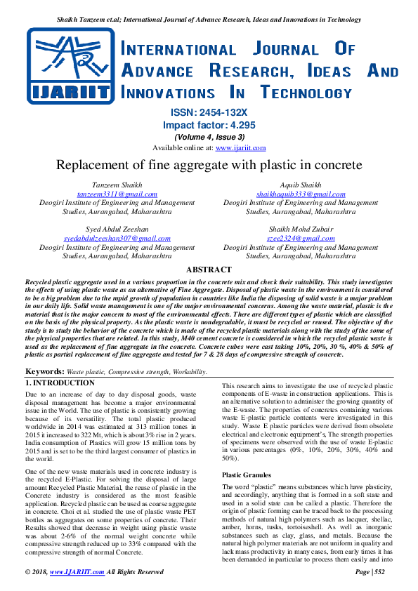(PDF) Replacement of fine aggregate with plastic in concrete