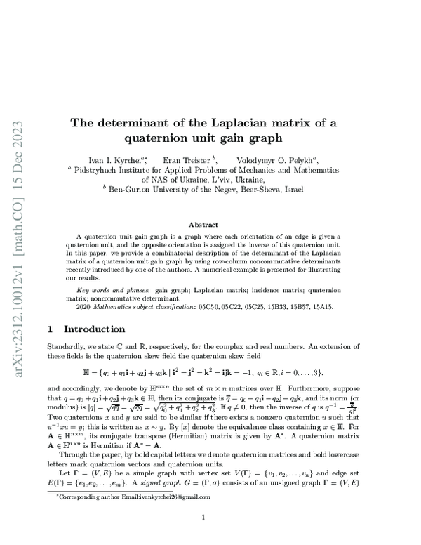 (PDF) Determinant of the Laplacian in Quaternion Unit Gain Graphs