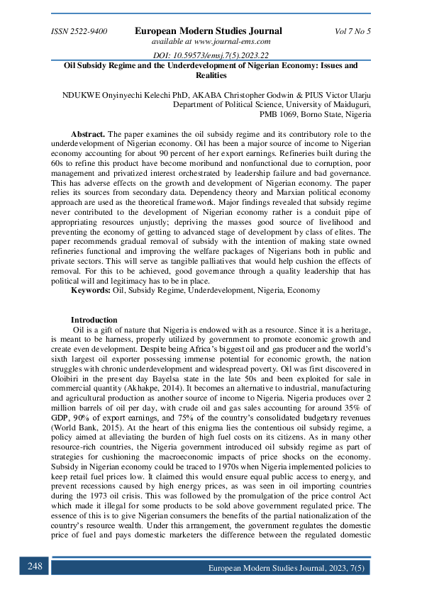 (PDF) Oil Subsidy Regime and the Underdevelopment of Nigerian Economy ...