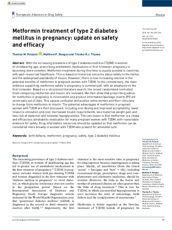 (PDF) Metformin treatment of type 2 diabetes mellitus in pregnancy ...