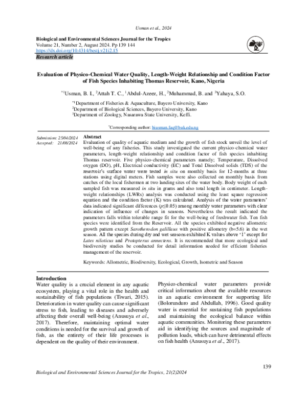 PDF) Water Quality and Fish Growth in Thomas Reservoir, Nigeria
