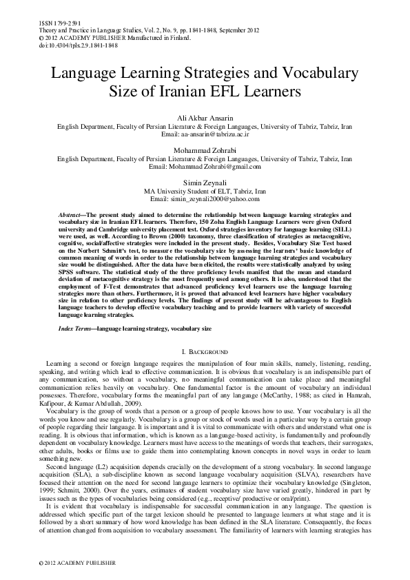 (PDF) Language Learning Strategies and Vocabulary Size of Iranian EFL ...