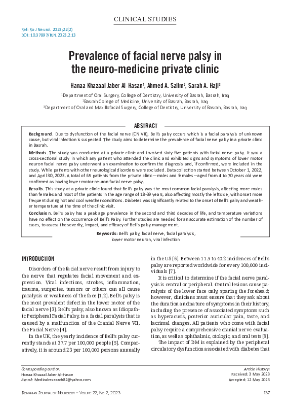 (PDF) Prevalence of facial nerve palsy in the neuro-medicine private clinic