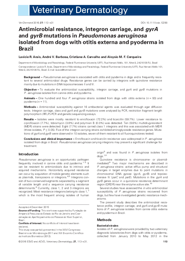 (PDF) Antimicrobial resistance, integron carriage, and gyrA and gyrB ...