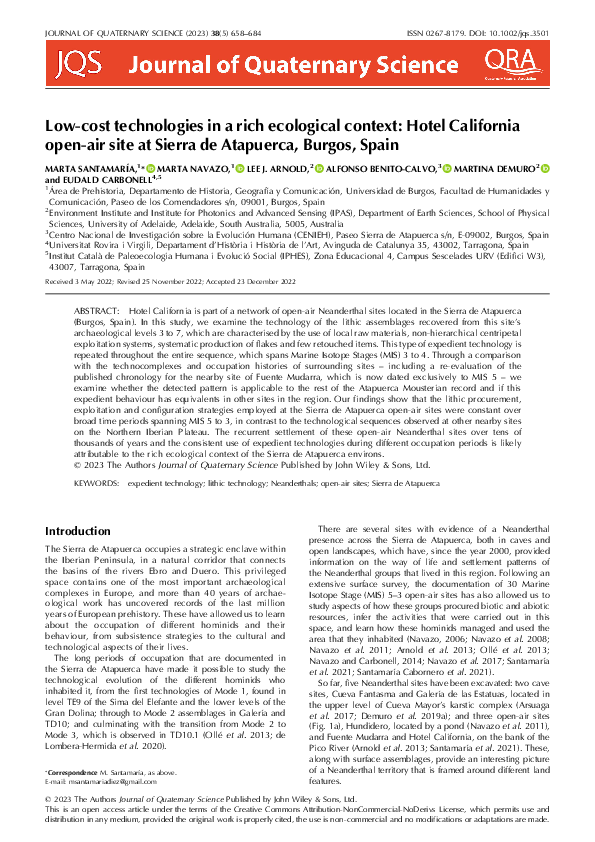 Low‐cost technologies in a rich ecological context: Hotel California open‐air site at Sierra de Atapuerca, Burgos, Spain
