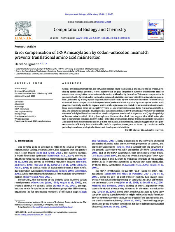 (PDF) Error compensation of tRNA misacylation by codon–anticodon ...