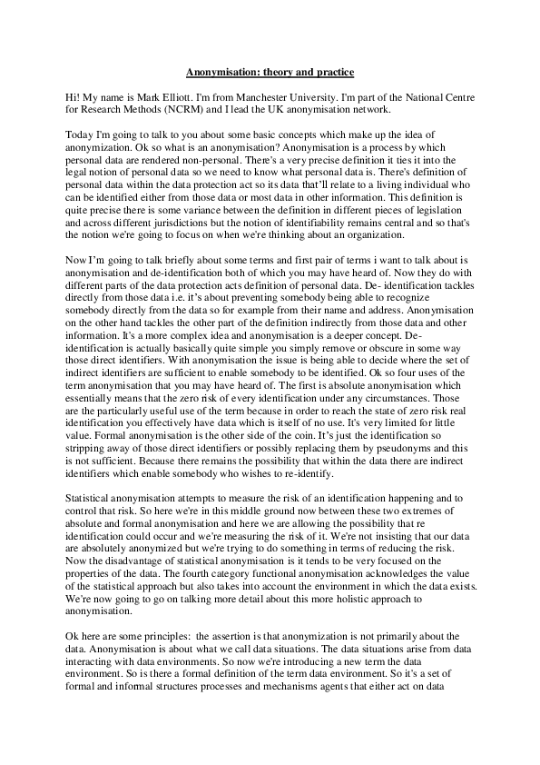 (PDF) Anonymisation theory and practice