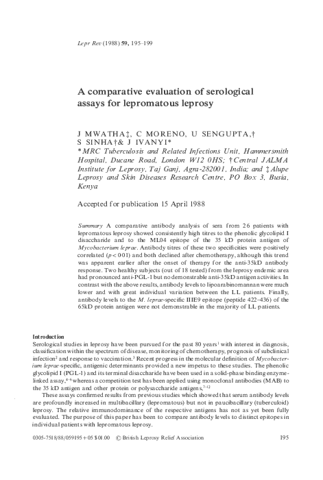 (PDF) A comparative evaluation of serological assays for lepromatous ...