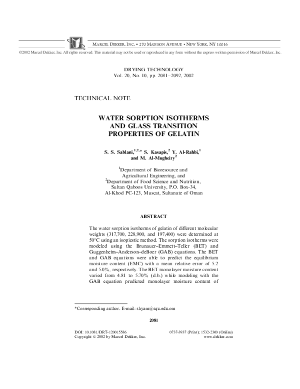(PDF) Water Sorption Isotherms and Glass Transition Properties of Gelatin