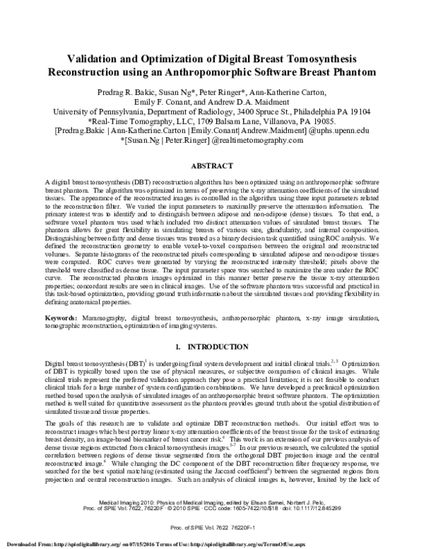 (PDF) Validation and optimization of digital breast tomosynthesis ...