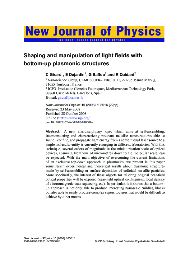(PDF) Shaping and manipulation of light fields with bottom-up plasmonic ...