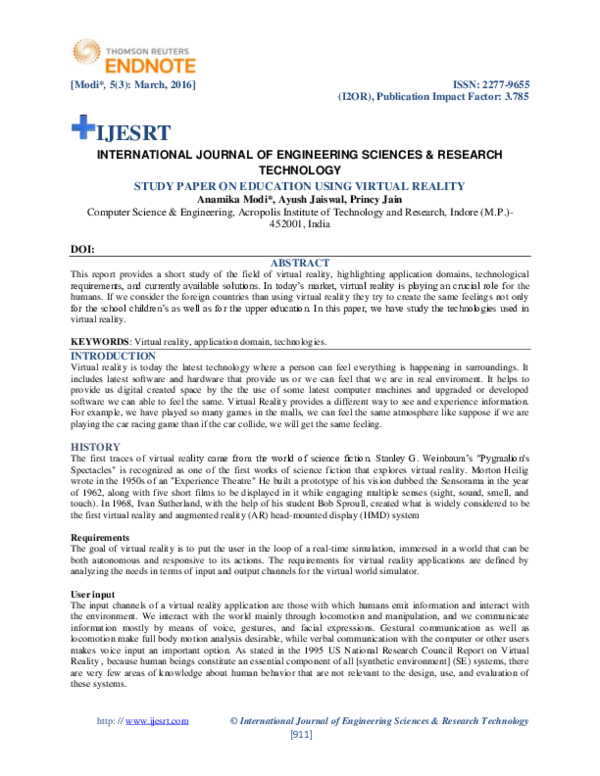 (PDF) Study Paper On Education Using Virtual Reality