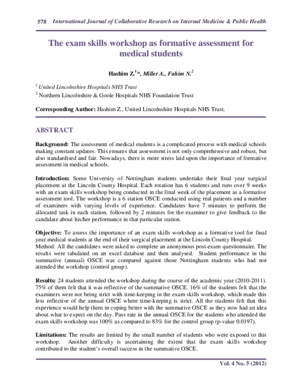 (PDF) The exam skills workshop as formative assessment for medical students