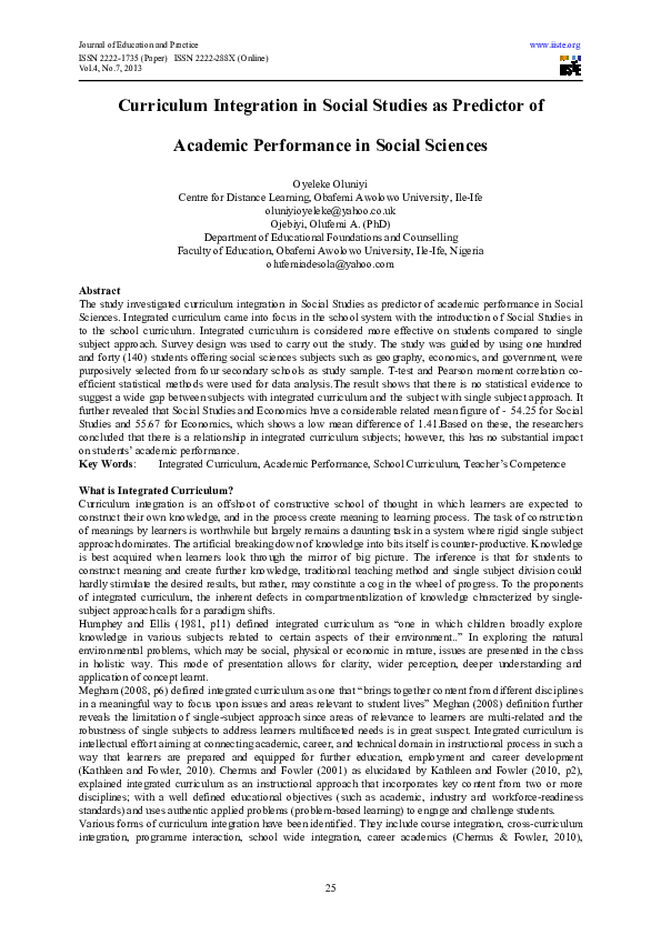 (PDF) Curriculum Integration in Social Studies as Predictor of Academic ...