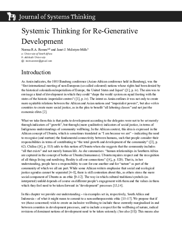 (PDF) Systemic Thinking for Re-Generative Development
