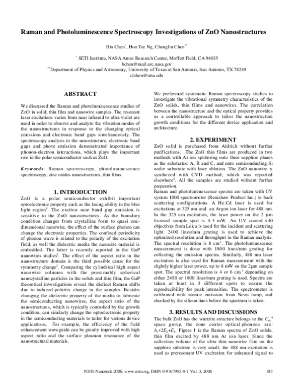 (PDF) Raman and photoluminescence spectroscopy investigations of ZnO ...