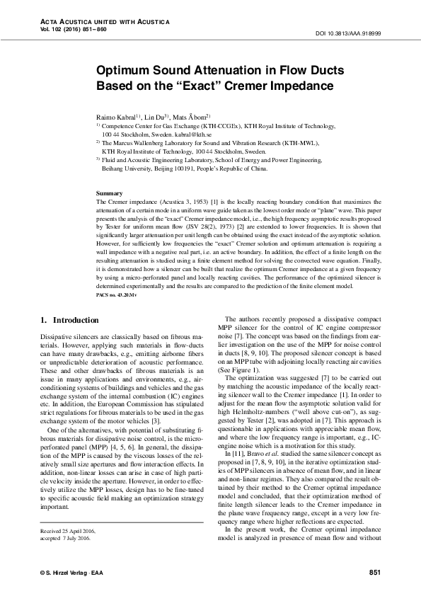 (PDF) Optimum Sound Attenuation in Flow Ducts Based on the "Exact ...