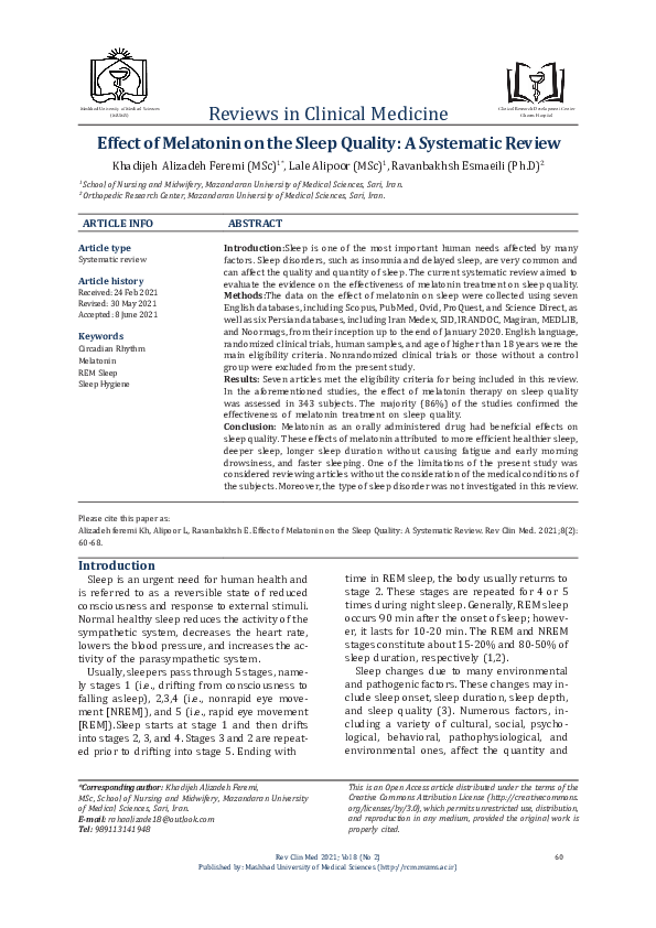 (PDF) Effect of Melatonin on the Sleep Quality: A Systematic Review