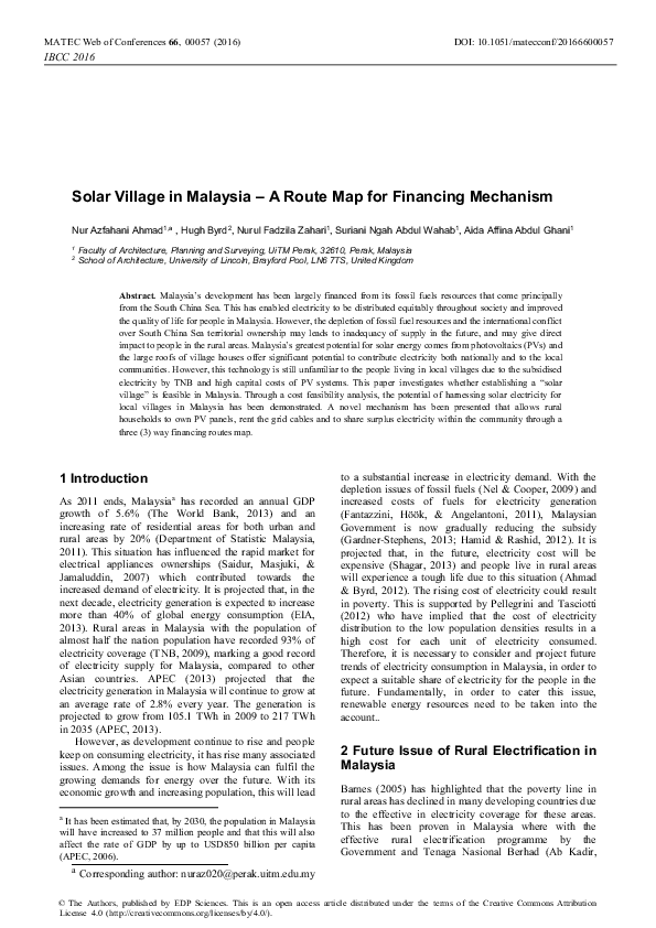 (PDF) Solar Village in Malaysia – A Route Map for Financing Mechanism