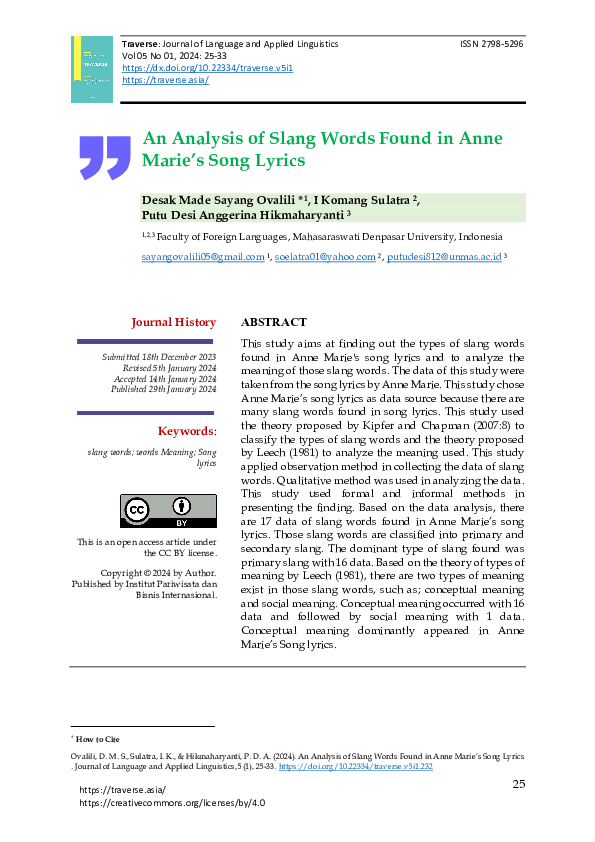 (PDF) An Analysis of Slang Words Found in Anne Marie’s Song Lyrics