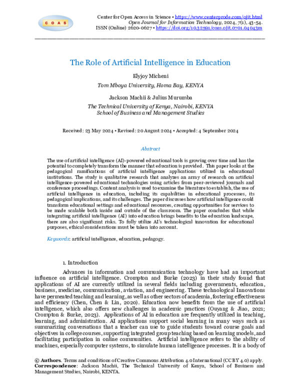 (PDF) The Role of Artificial Intelligence in Education