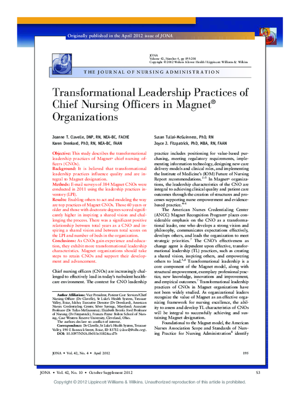 (PDF) Transformational Leadership Practices of Chief Nursing Officers ...