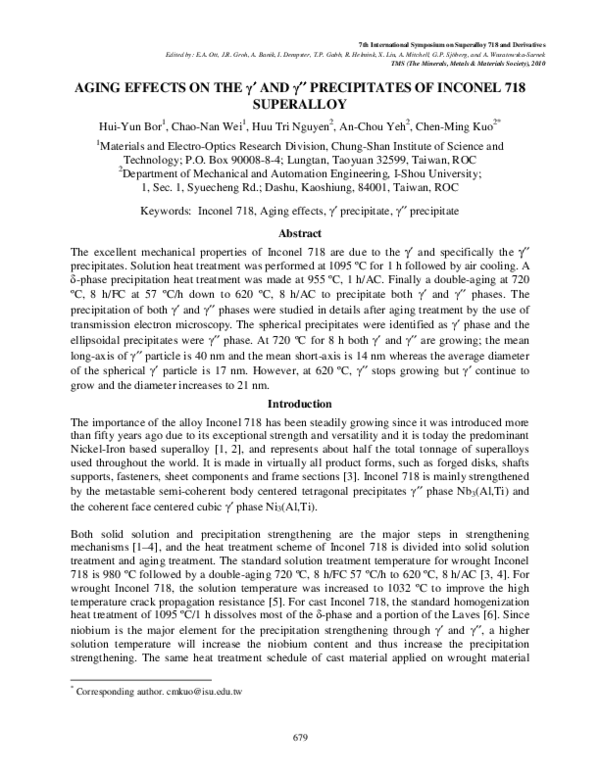 (PDF) Aging Effects on the γ′ and γ″ Precipitates of Inconel 718 Superalloy
