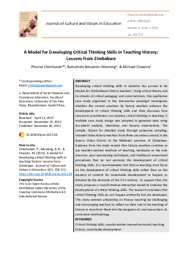 (PDF) A Model for Developing Critical Thinking Skills in Teaching ...