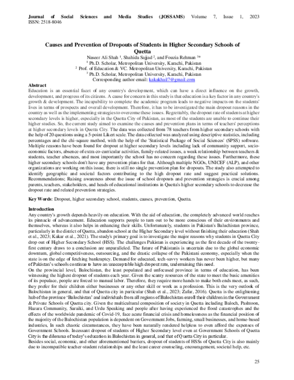 (PDF) Causes and Prevention of Dropouts of Students in Higher Secondary ...