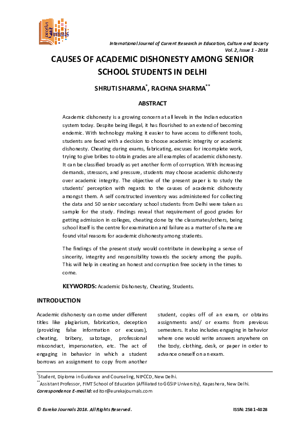 (PDF) Causes of Academic Dishonesty Among Senior School Students in Delhi