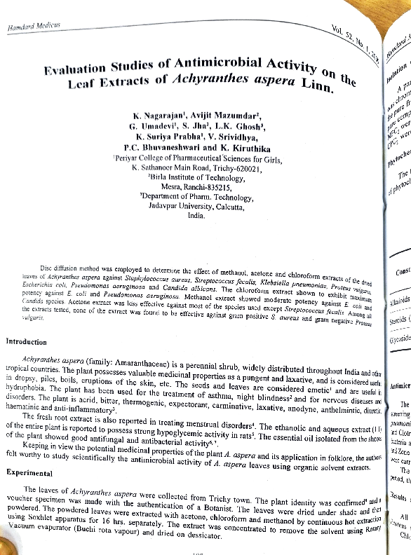 (PDF) Antimicrobial activity of Achyranthes aspera Leaf extract
