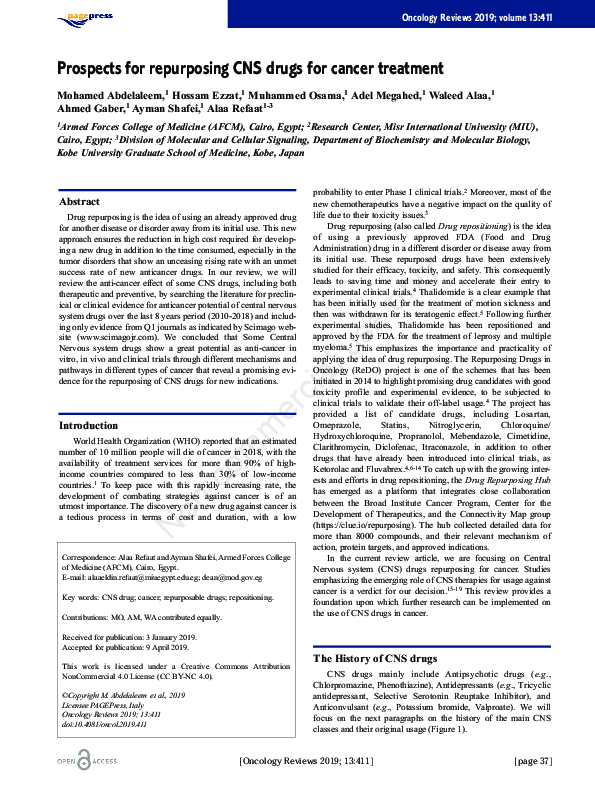 (PDF) Prospects for repurposing CNS drugs for cancer treatment | waleed ...